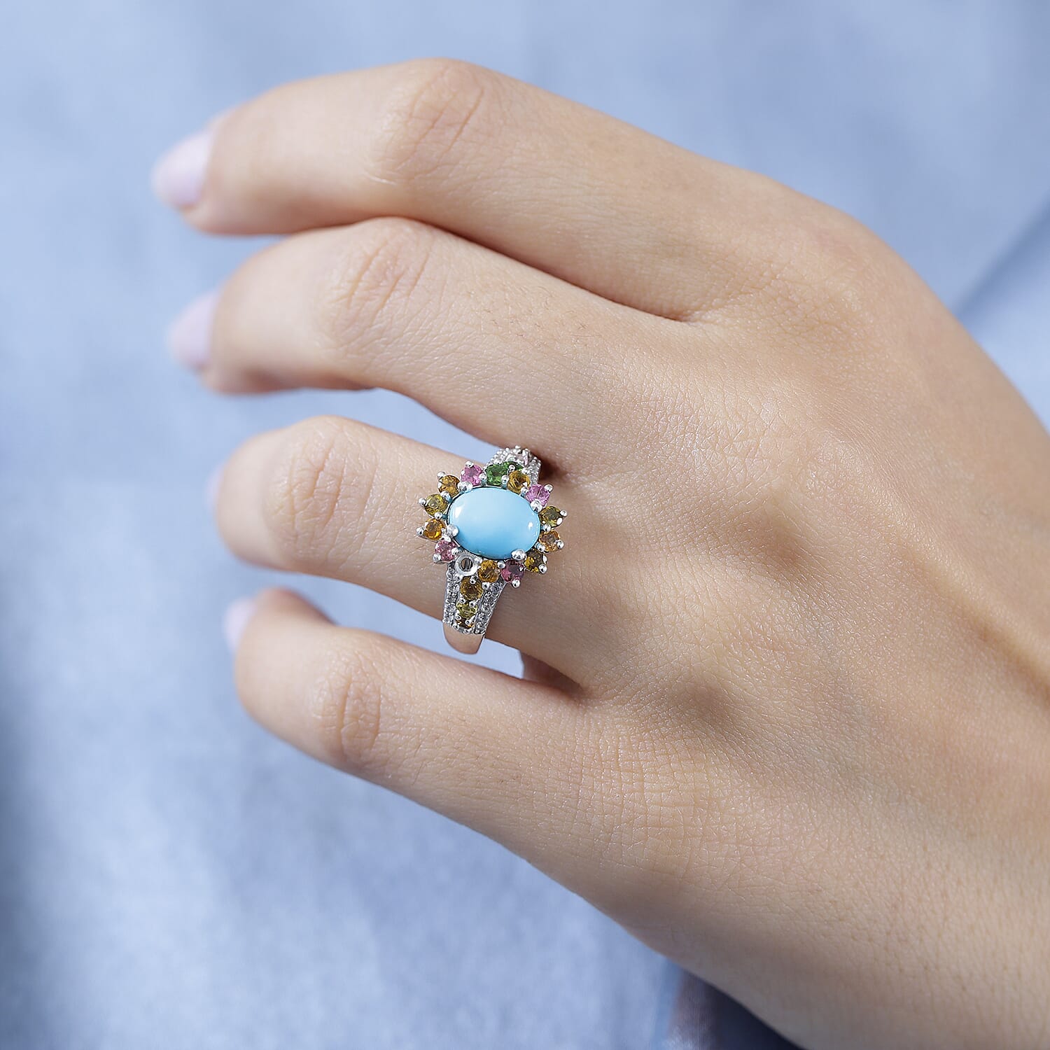 Arizona Sleeping Beauty Turquoise, Multi-Tourmaline & Natural Zircon Ring in Platinum Overlay Sterling Silver 3.09 Ct