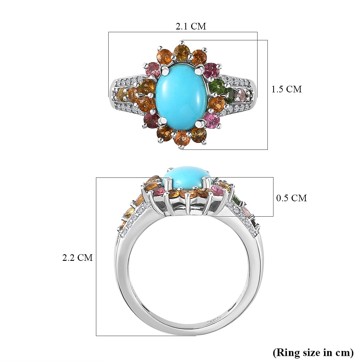 Arizona Sleeping Beauty Turquoise, Multi-Tourmaline & Natural Zircon Ring in Platinum Overlay Sterling Silver 3.09 Ct