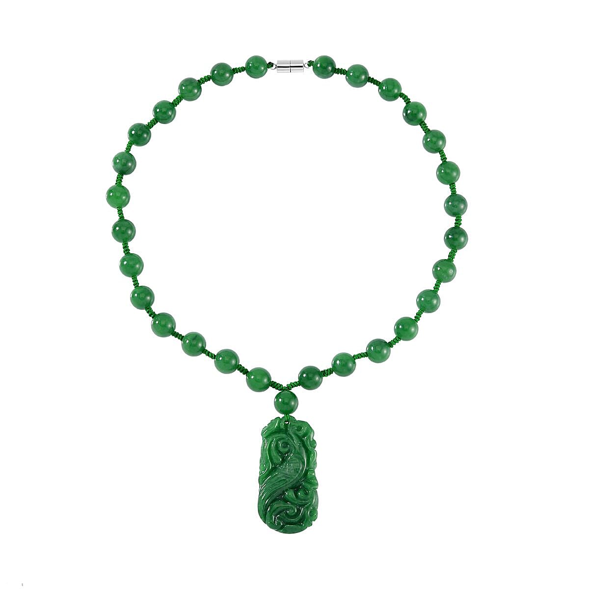 Hand Carved Green Jadeite Jade Necklace (Size - 20) in Rhodium Overlay Sterling Silver 560.70 Ct