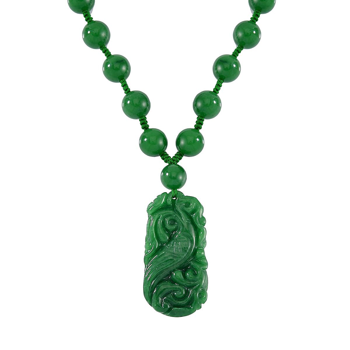 Hand Carved Green Jadeite Jade Necklace (Size - 20) in Rhodium Overlay Sterling Silver 560.70 Ct