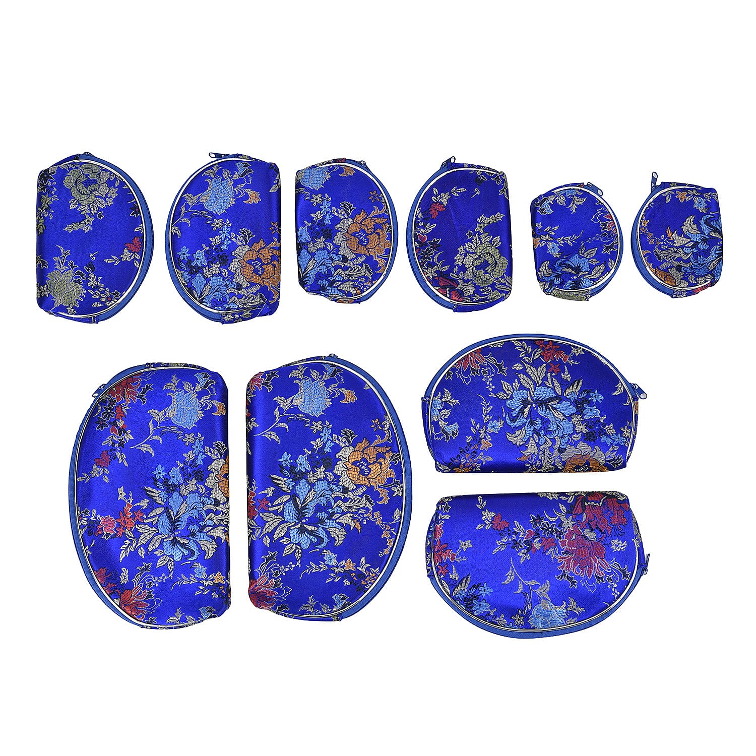 Set of 10 Multi-Colour Floral Embroidered Pouches with Zipper - Royal Blue