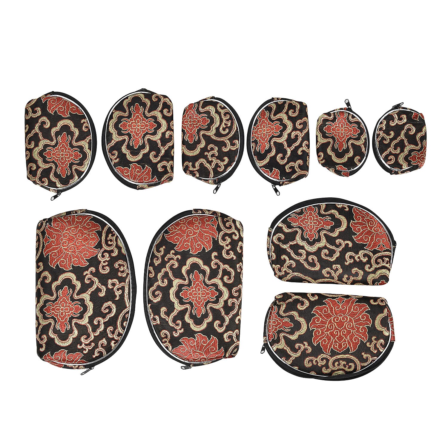 Set of 10 Multi-Colour Floral Embroidered Pouches with Zipper - Black
