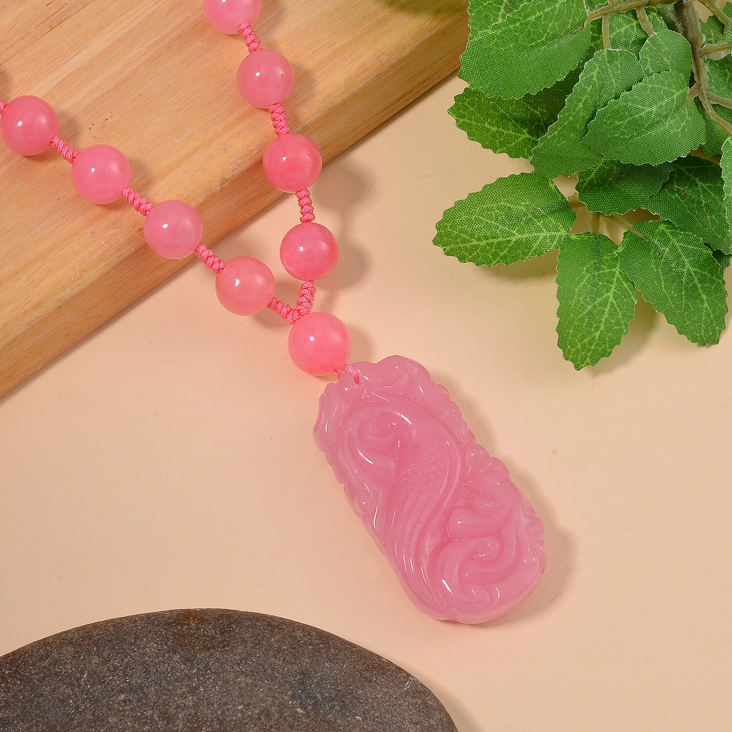 Pink Jade Beads Necklace (Size - 20) in Rhodium Overlay Sterling Silver 560.70 Ct.