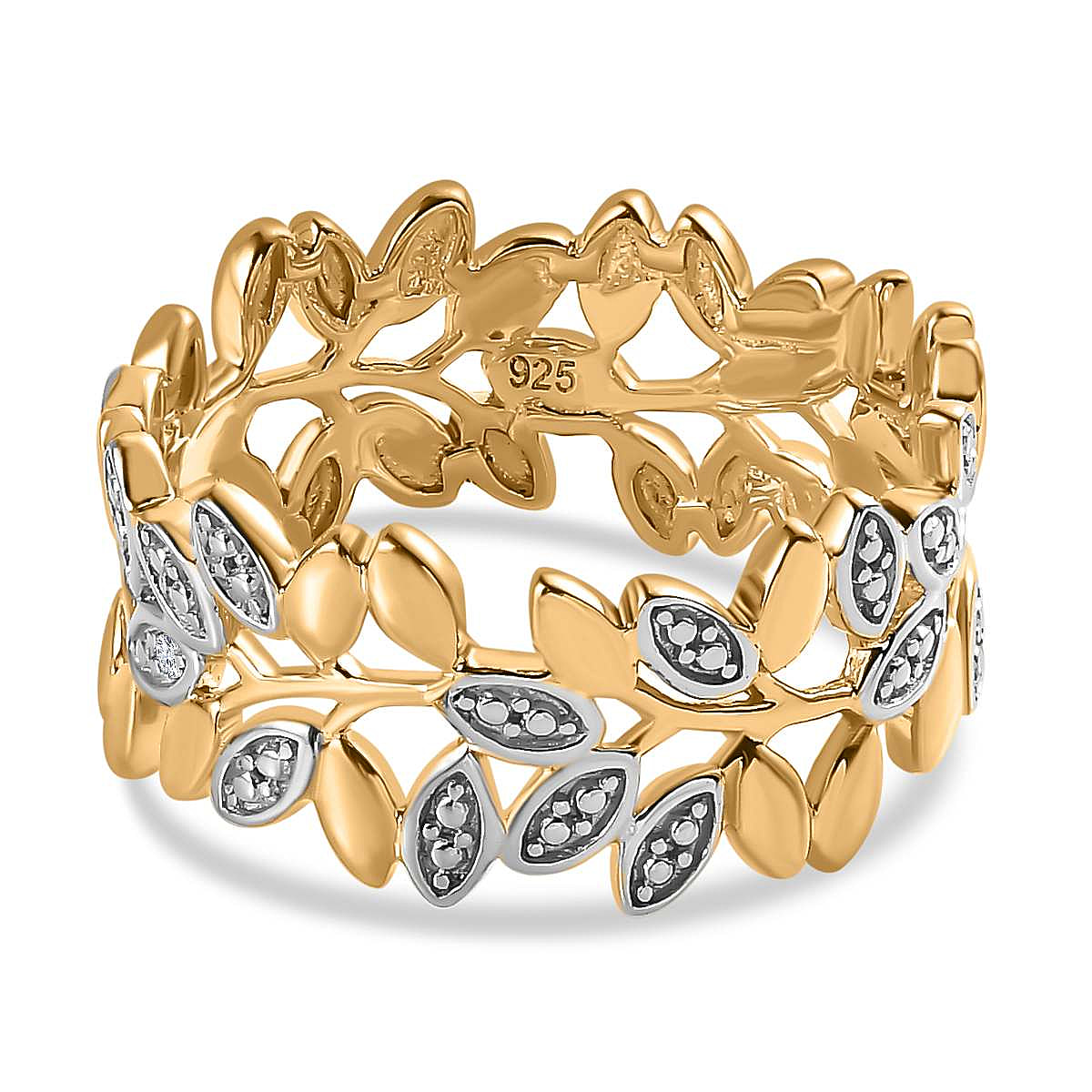 Diamond Olive Leaf Ring in Yellow Gold Overlay Sterling Silver