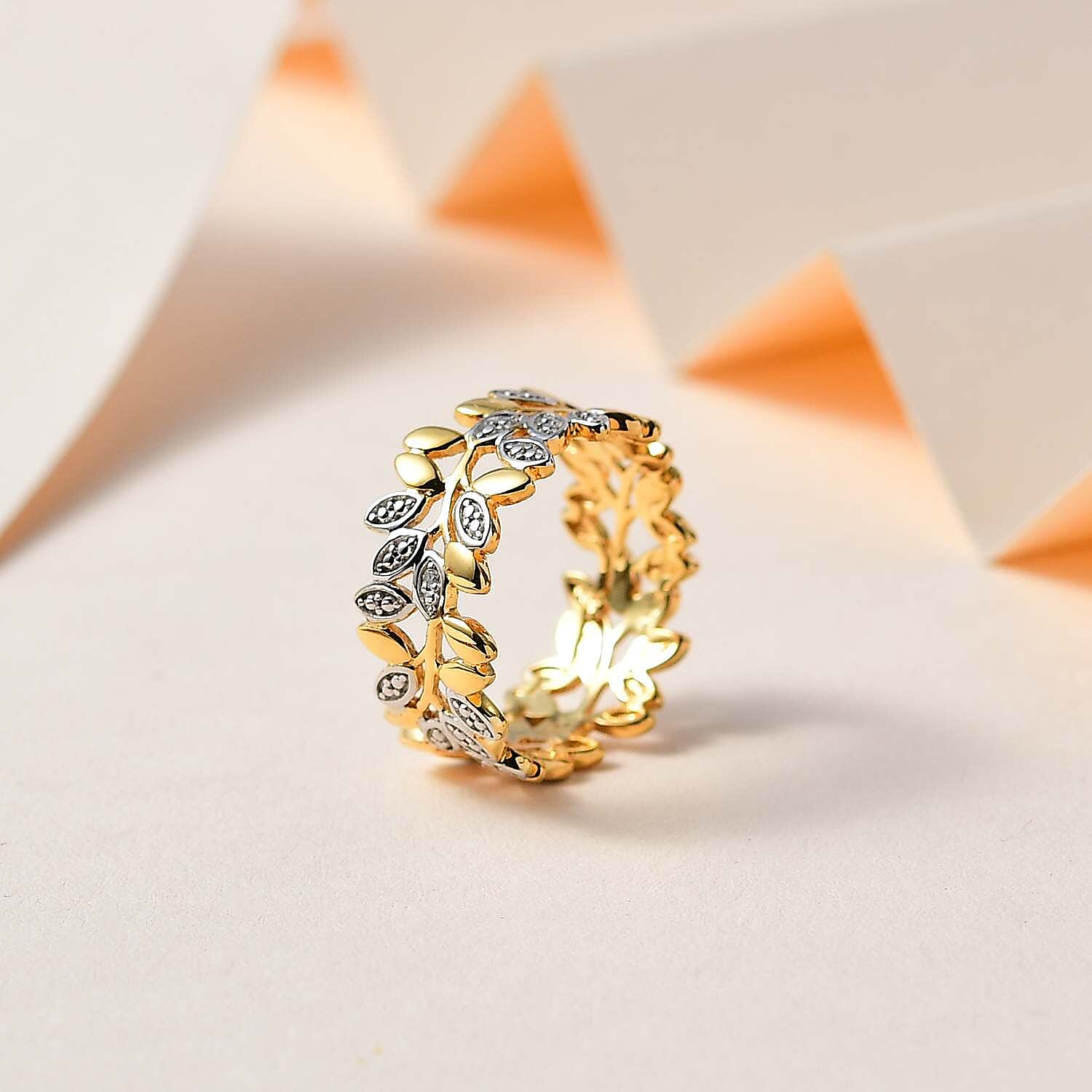 Diamond Olive Leaf Ring in Yellow Gold Overlay Sterling Silver