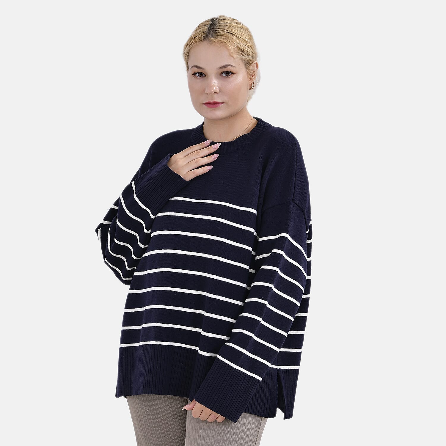 La Marey Stripe Pattern Relaxed Fit Jumper (Size L) - Black