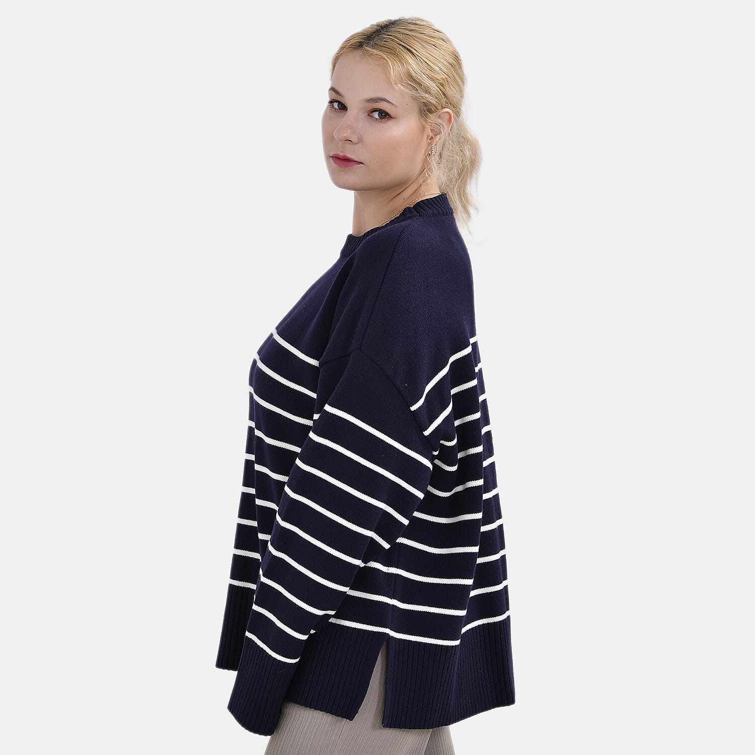 La Marey Stripe Pattern Relaxed Fit Jumper (Size L) - Black