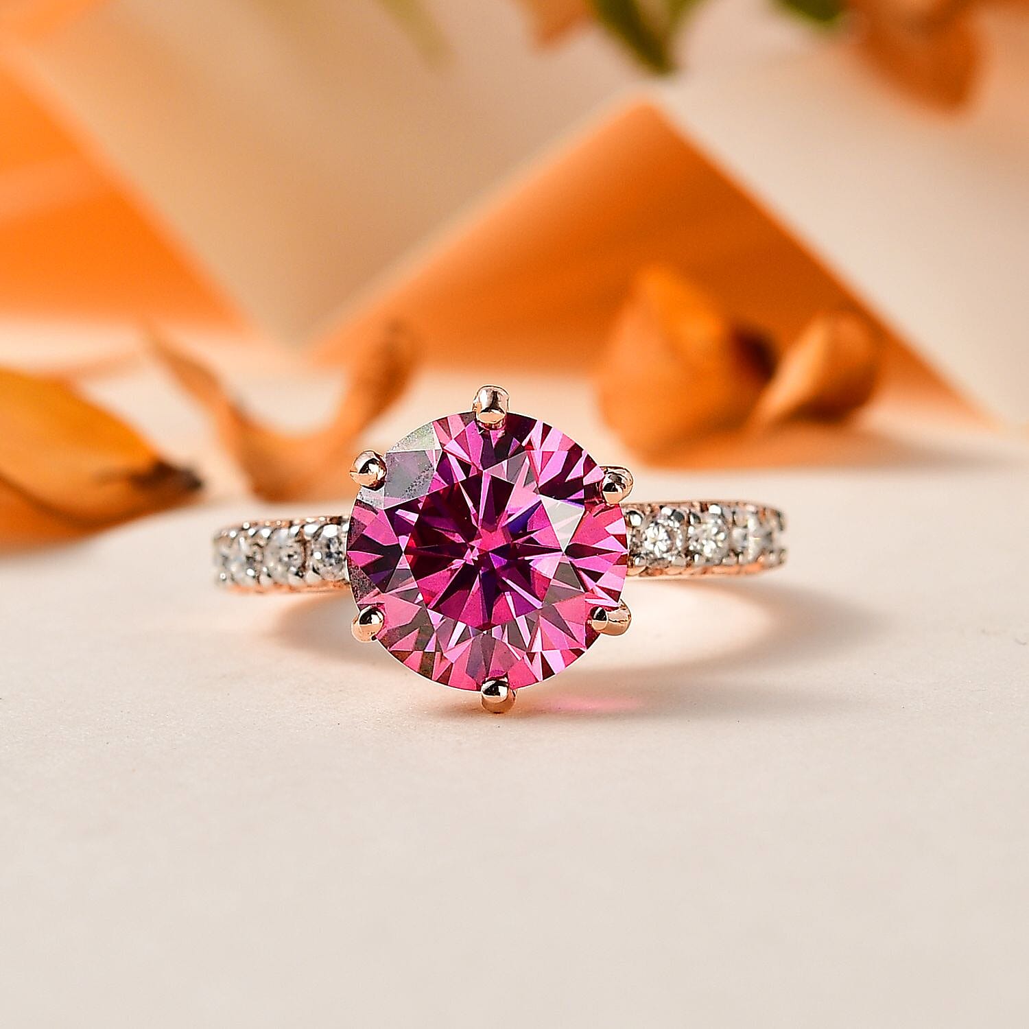 Pink & White Moissanite Ring in 18K Rose Gold Vermeil Plated Sterling Silver 3.73 Ct.