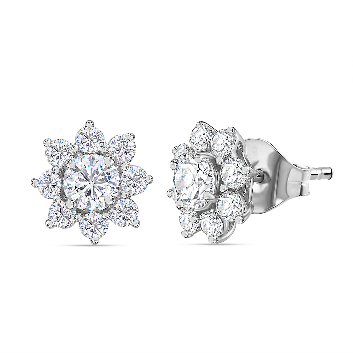 Moissanite Floral Stud Earrings in Rhodium Overlay Sterling Silver 1.85 Ct
