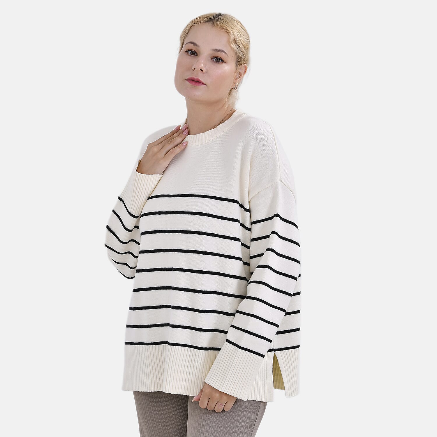 La Marey Stripe Pattern Relaxed Fit Jumper (Size XL) - White