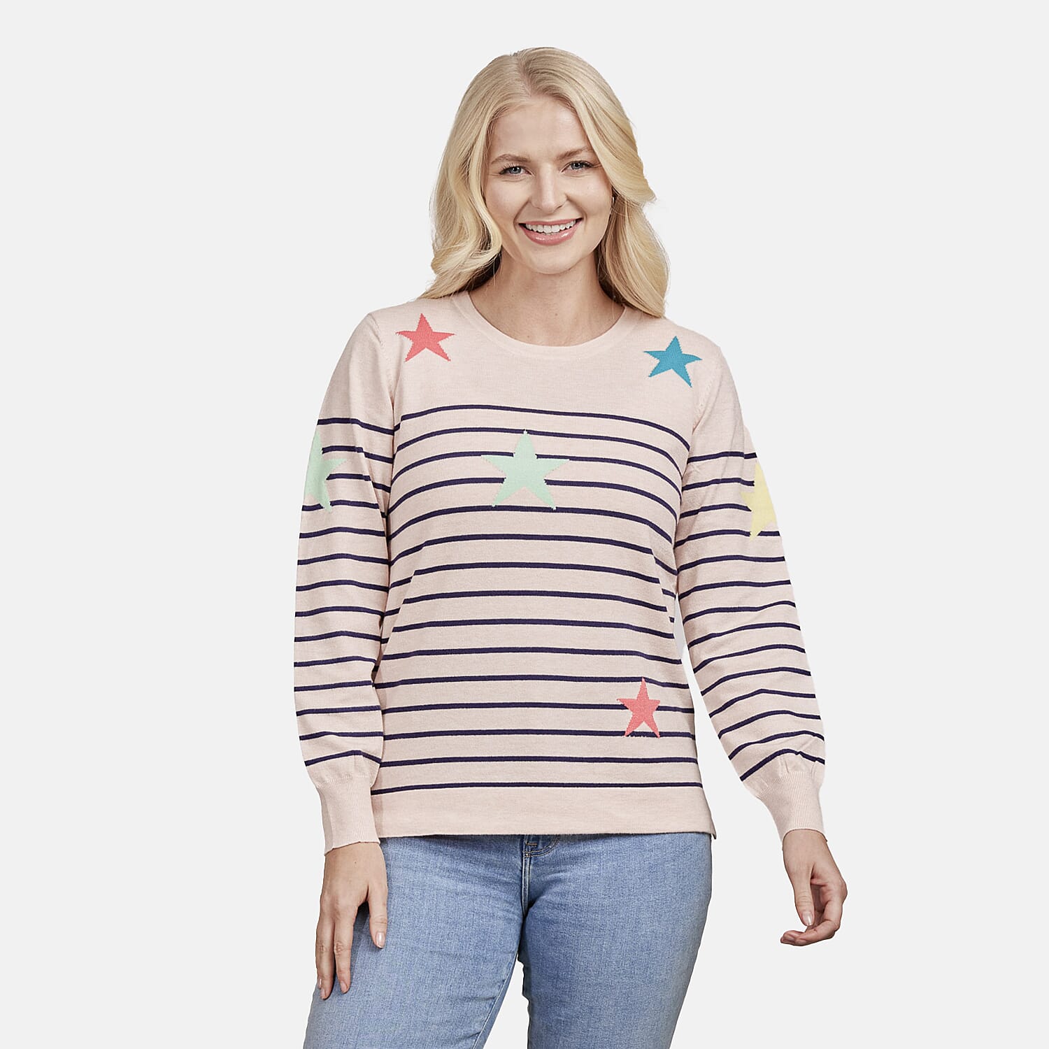 Mudflower Ladies Stars & Stripes Jumper (Size 10) - Peach & Navy