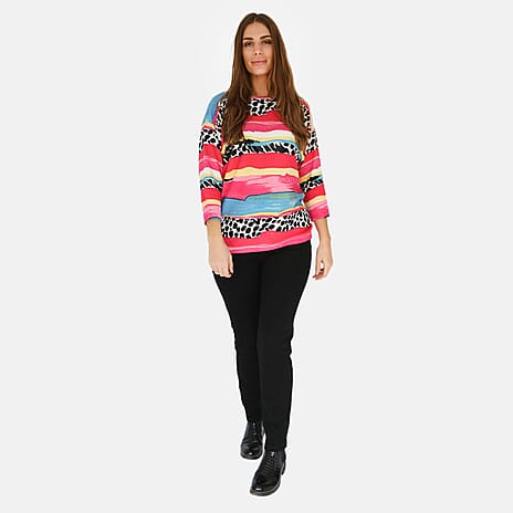 Mudflower Floral Animal - Stripe Print Batwing Jumper (Size 12) - Pink