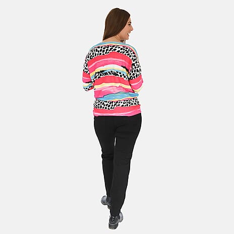 Mudflower Floral Animal - Stripe Print Batwing Jumper (Size 12) - Pink