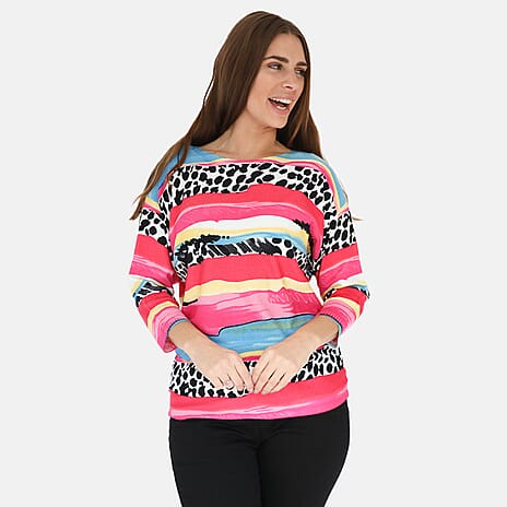 Mudflower Floral Animal - Stripe Print Batwing Jumper (Size 12) - Pink
