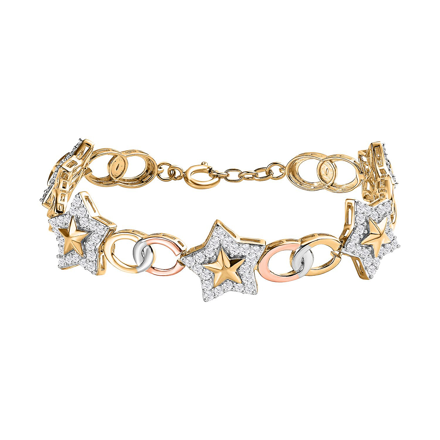 GP Celestial Dream Collection - Moissanite Bracelet (Size - 8) in 18K Yellow, Rose Gold Vermeil & Platinum Plated Sterling Silver 3.13 Ct, Silver Wt. 18.05 Gms