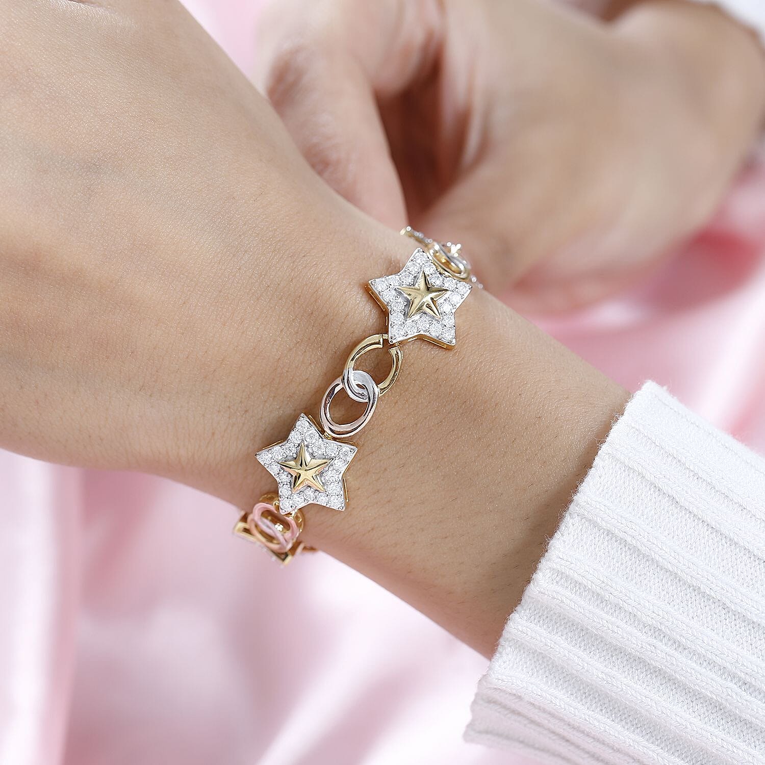 GP Celestial Dream Collection - Moissanite Bracelet (Size - 8) in 18K Yellow, Rose Gold Vermeil & Platinum Plated Sterling Silver 3.13 Ct, Silver Wt. 18.05 Gms