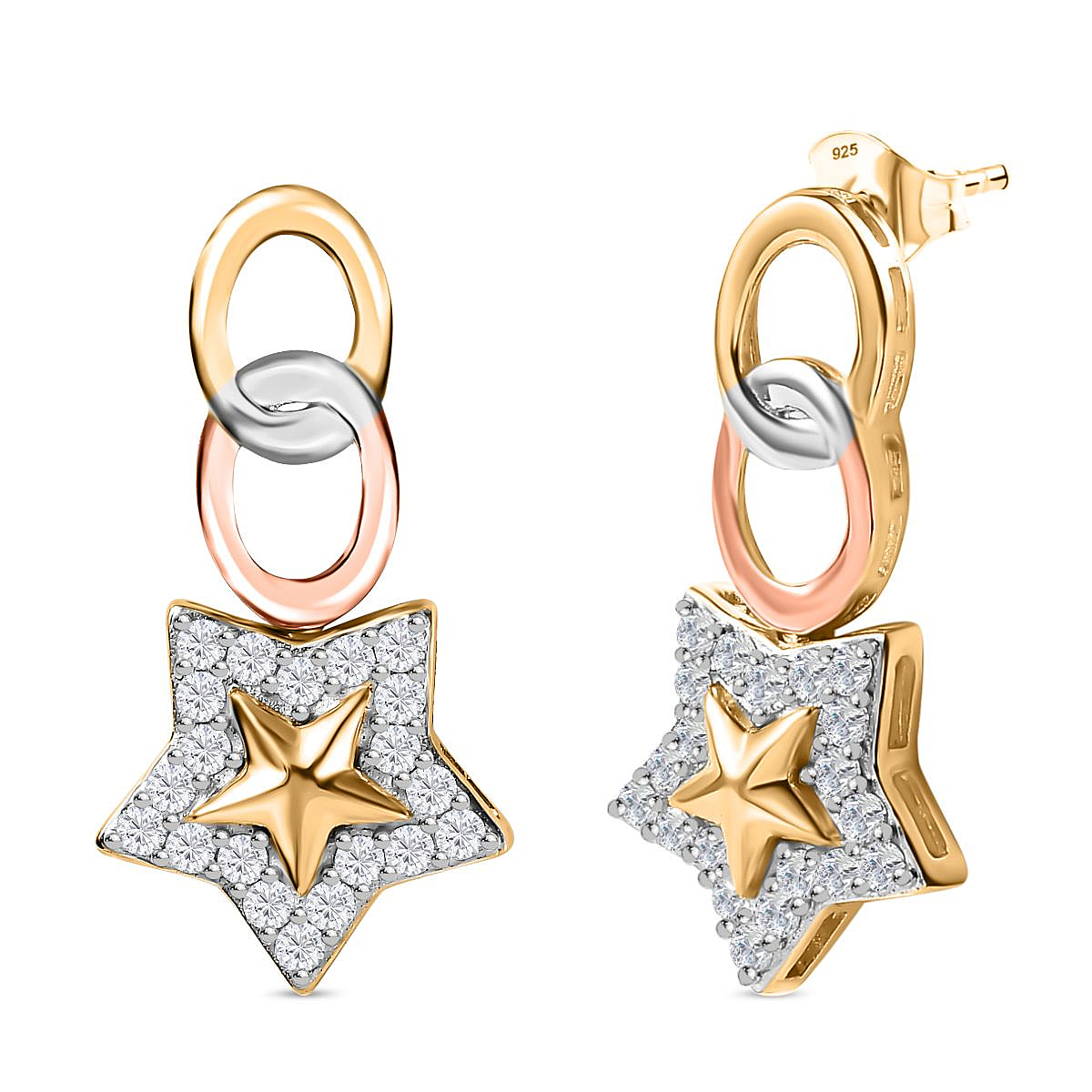 GP Celestial Dream Collection - Moissanite Dangle Earrings in 18K Yellow, Rose Gold Vermeil & Platinum Plated Sterling Silver 1.29 Ct, Silver Wt. 7.20 Gms