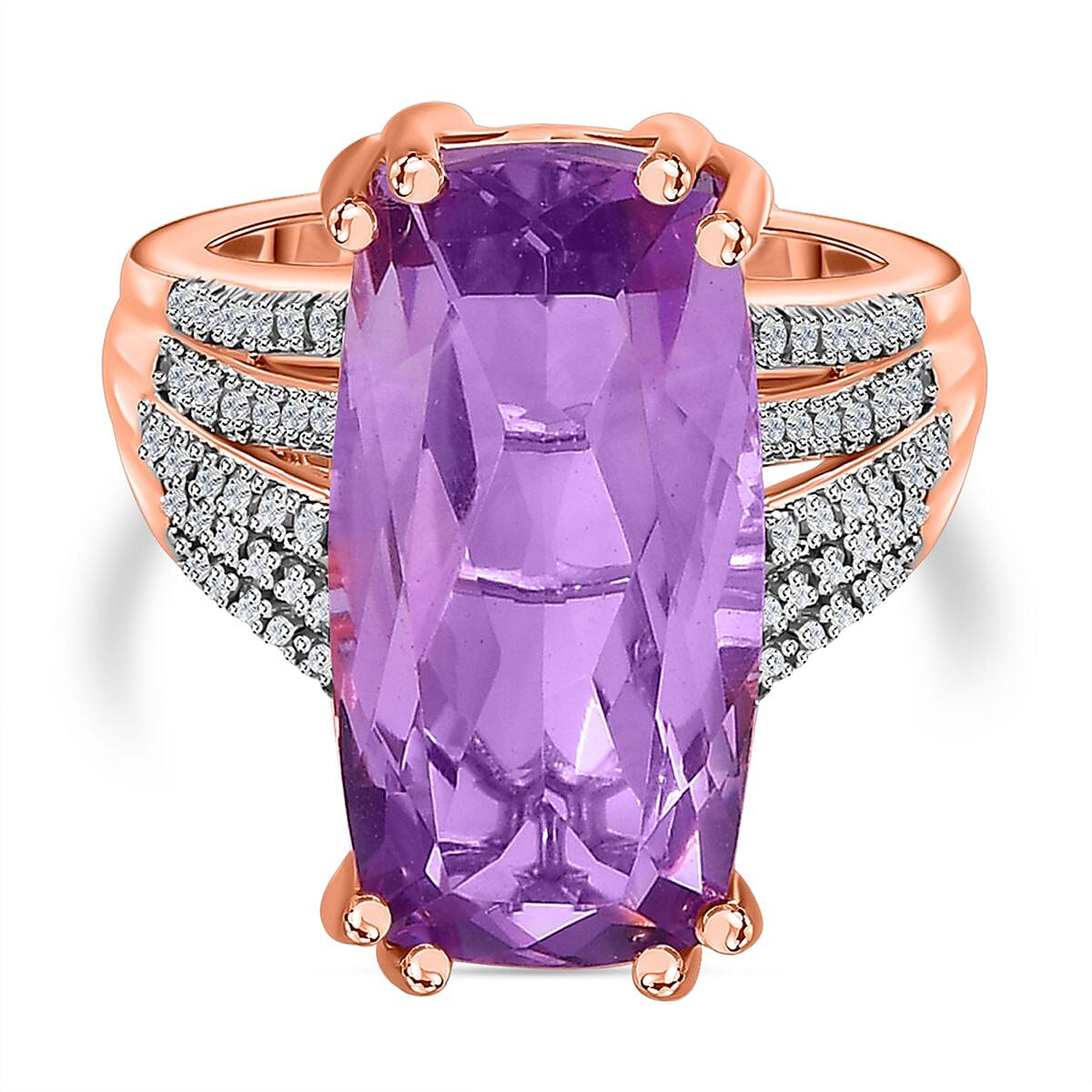 Cocktail Collection - Rare Size AAA Rose De France Amethyst Ring in Vermeil Rose Gold Plated Sterling Silver 11.43 Ct. (Stone Size 20x10 mm)