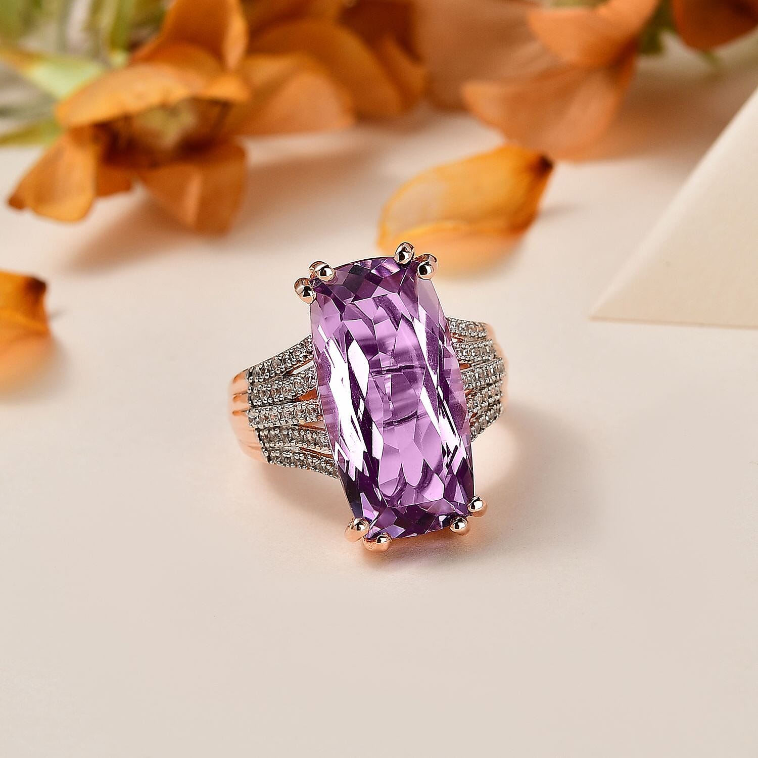 Cocktail Collection - Rare Size AAA Rose De France Amethyst Ring in Vermeil Rose Gold Plated Sterling Silver 11.43 Ct. (Stone Size 20x10 mm)