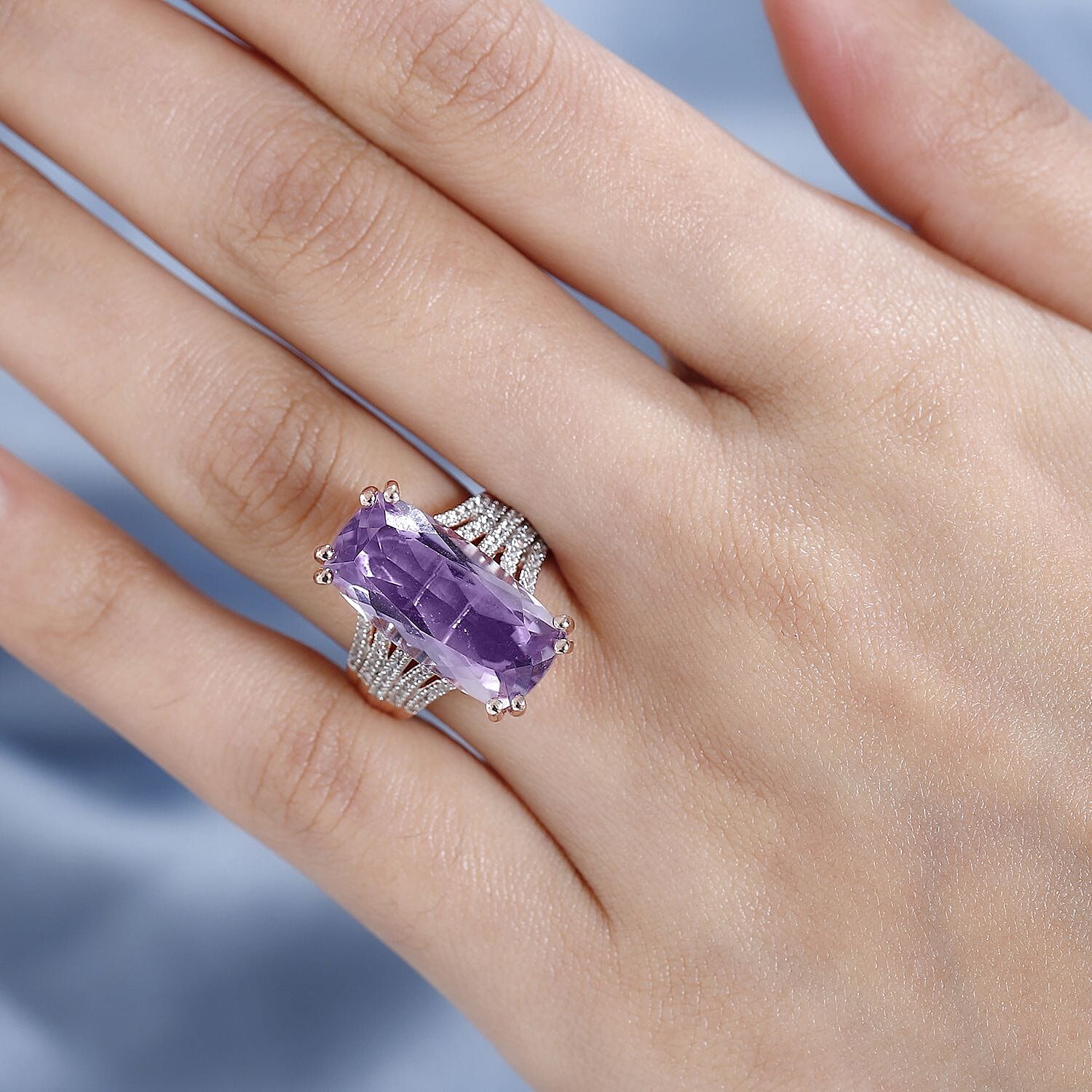 Cocktail Collection - Rare Size AAA Rose De France Amethyst Ring in Vermeil Rose Gold Plated Sterling Silver 11.43 Ct. (Stone Size 20x10 mm)