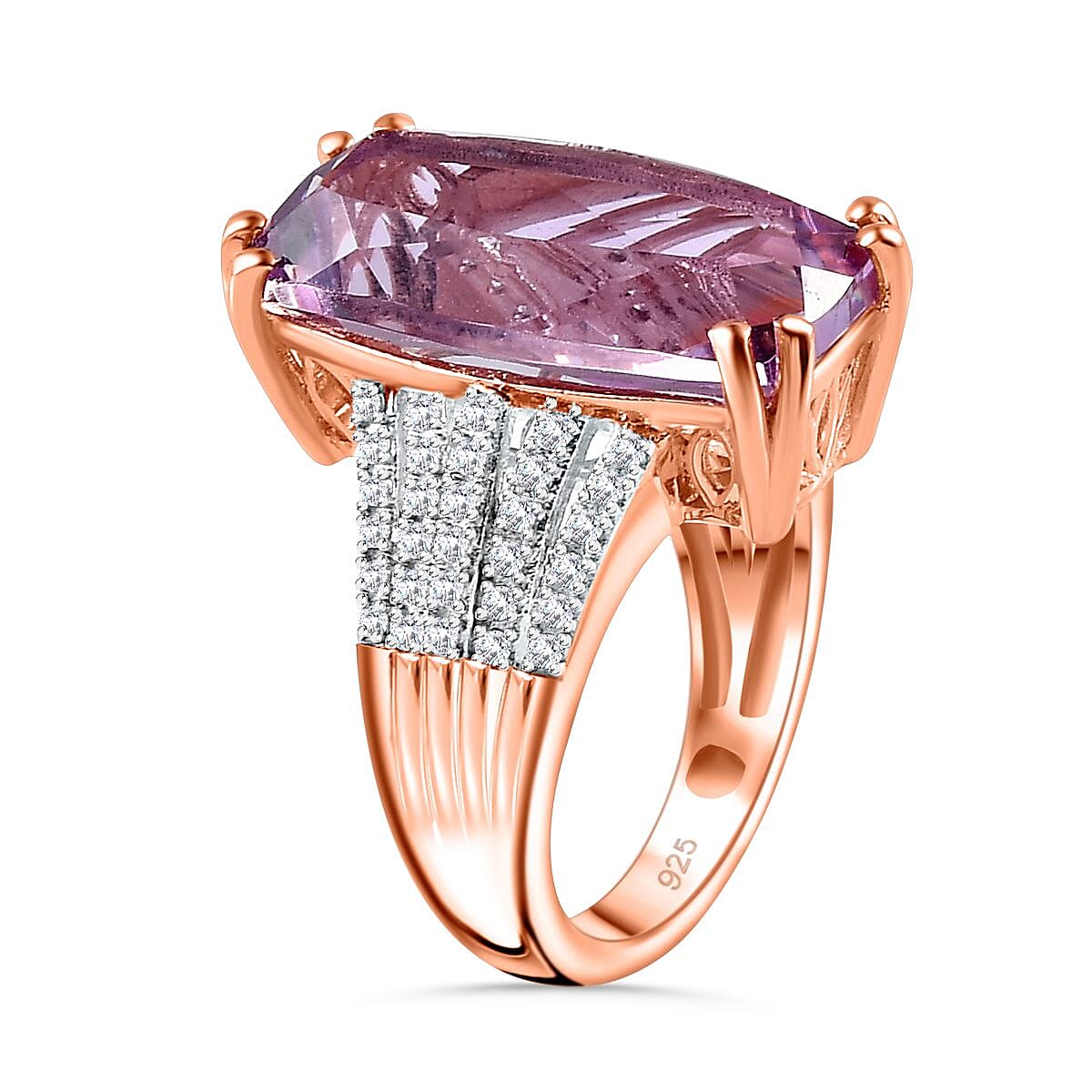 Cocktail Collection - Rare Size AAA Rose De France Amethyst Ring in Vermeil Rose Gold Plated Sterling Silver 11.43 Ct. (Stone Size 20x10 mm)
