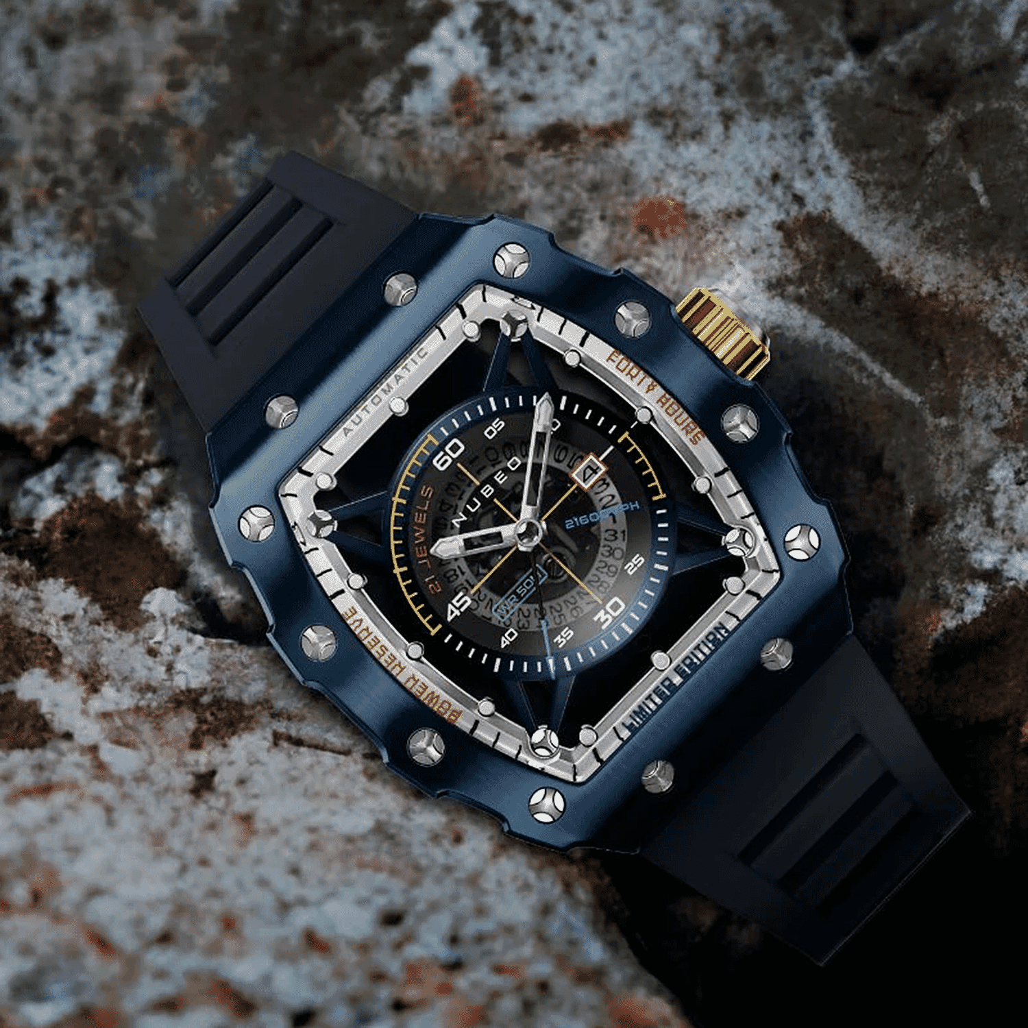 NUBEO Huygens Limited Edition Movt. 5 ATM Water Resistant Watch with Blue Silicone Strap