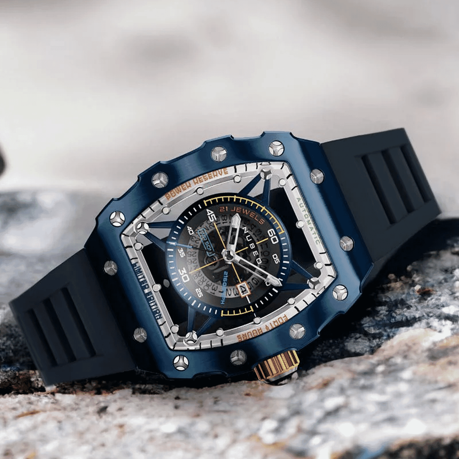 NUBEO Huygens Limited Edition Movt. 5 ATM Water Resistant Watch with Blue Silicone Strap