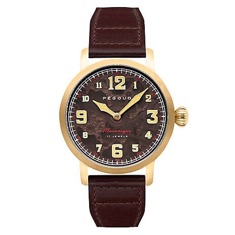 PEGOUD Premiere Mechanical Skeleton Movement 5 ATM Water Resistant Watch with Brown Genuine Leather Strap Complimentory Nusound Earbud
