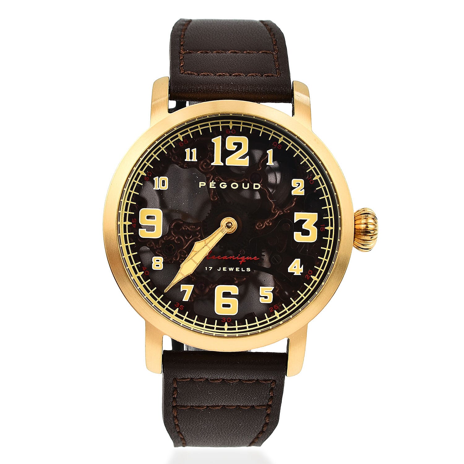 PEGOUD Premiere Mechanical Skeleton Movement 5 ATM Water Resistant Watch with Brown Genuine Leather Strap