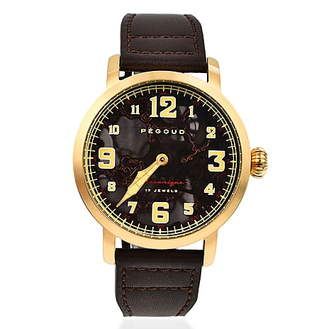 PEGOUD Premiere Mechanical Skeleton Movement 5 ATM Water Resistant Watch with Brown Genuine Leather Strap Complimentory Nusound Earbud