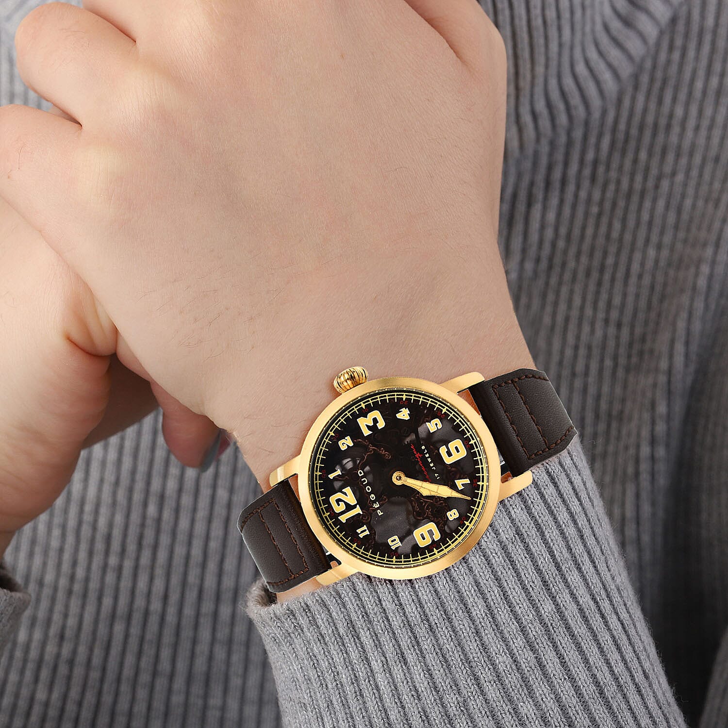 PEGOUD Premiere Mechanical Skeleton Movement 5 ATM Water Resistant Watch with Brown Genuine Leather Strap