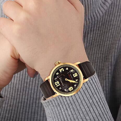 PEGOUD Premiere Mechanical Skeleton Movement 5 ATM Water Resistant Watch with Brown Genuine Leather Strap Complimentory Nusound Earbud