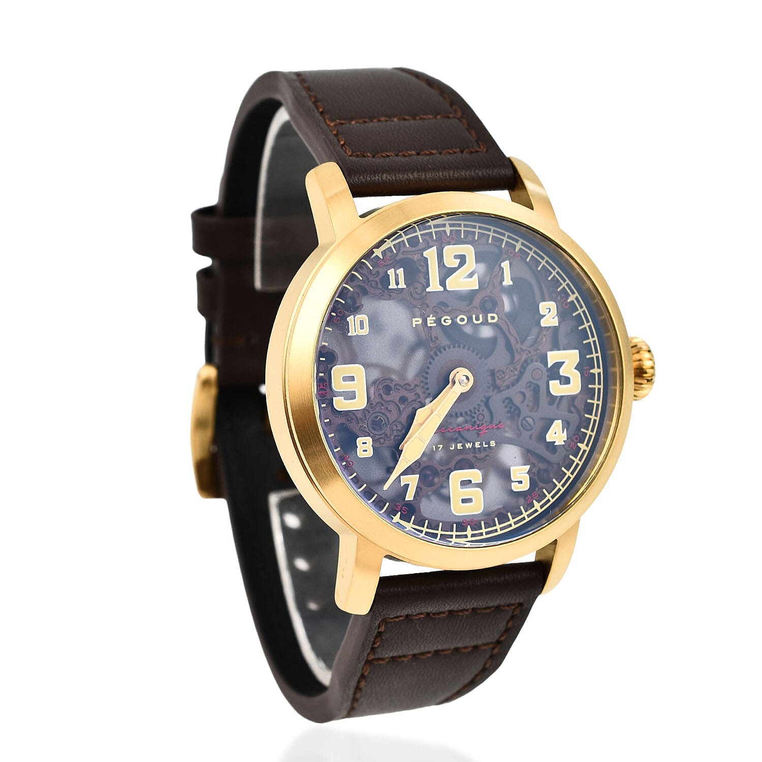 PEGOUD Premiere Mechanical Skeleton Movement 5 ATM Water Resistant Watch with Brown Genuine Leather Strap