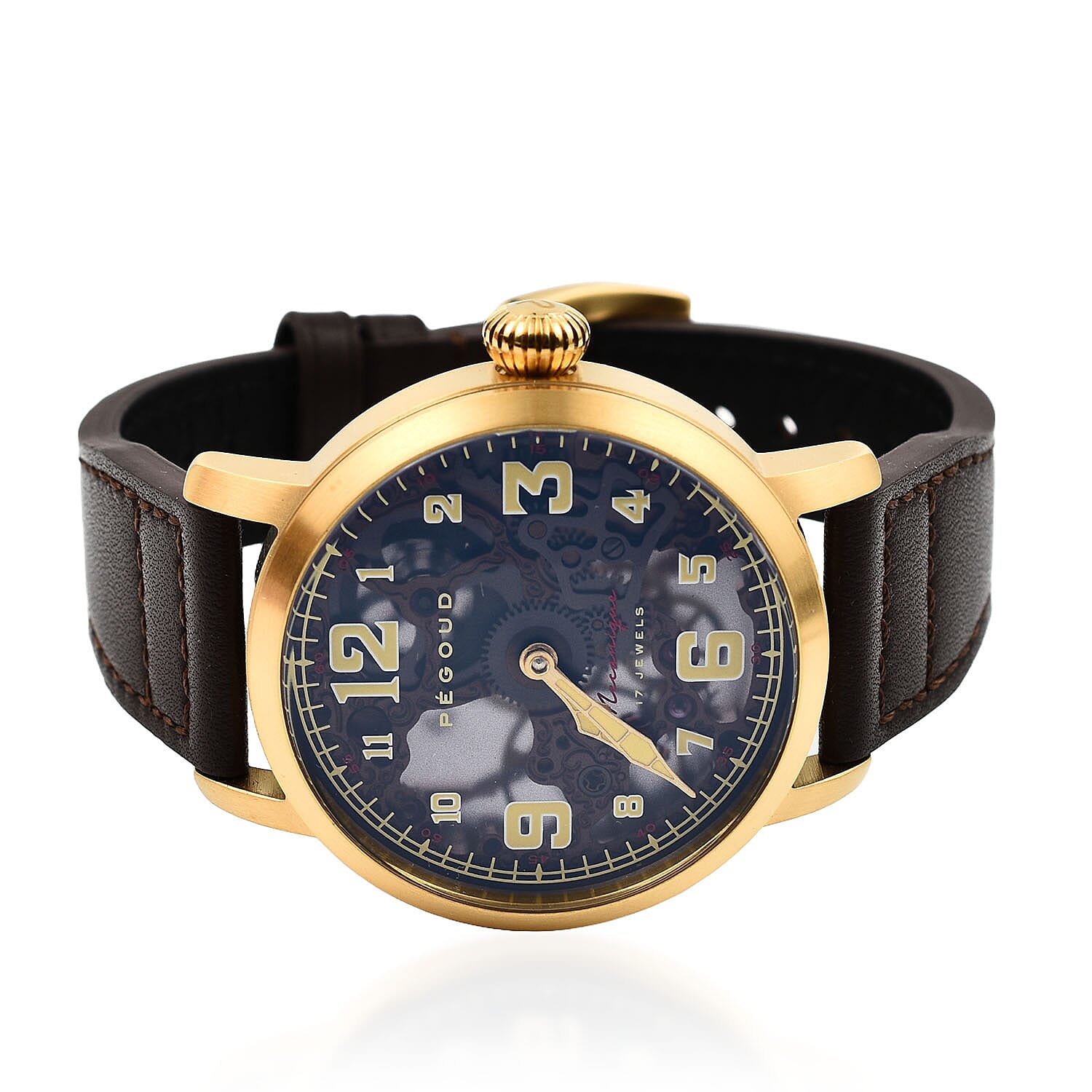 PEGOUD Premiere Mechanical Skeleton Movement 5 ATM Water Resistant Watch with Brown Genuine Leather Strap