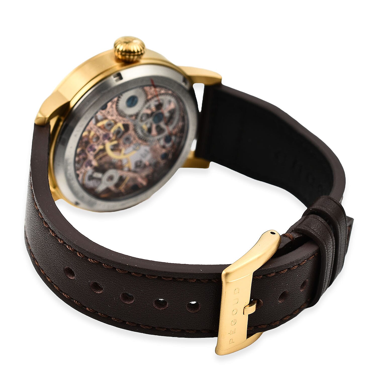PEGOUD Premiere Mechanical Skeleton Movement 5 ATM Water Resistant Watch with Brown Genuine Leather Strap