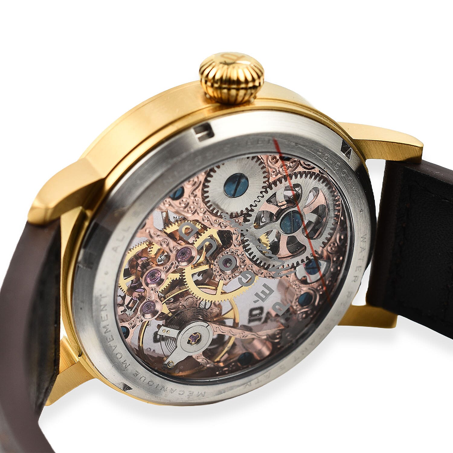 PEGOUD Premiere Mechanical Skeleton Movement 5 ATM Water Resistant Watch with Brown Genuine Leather Strap