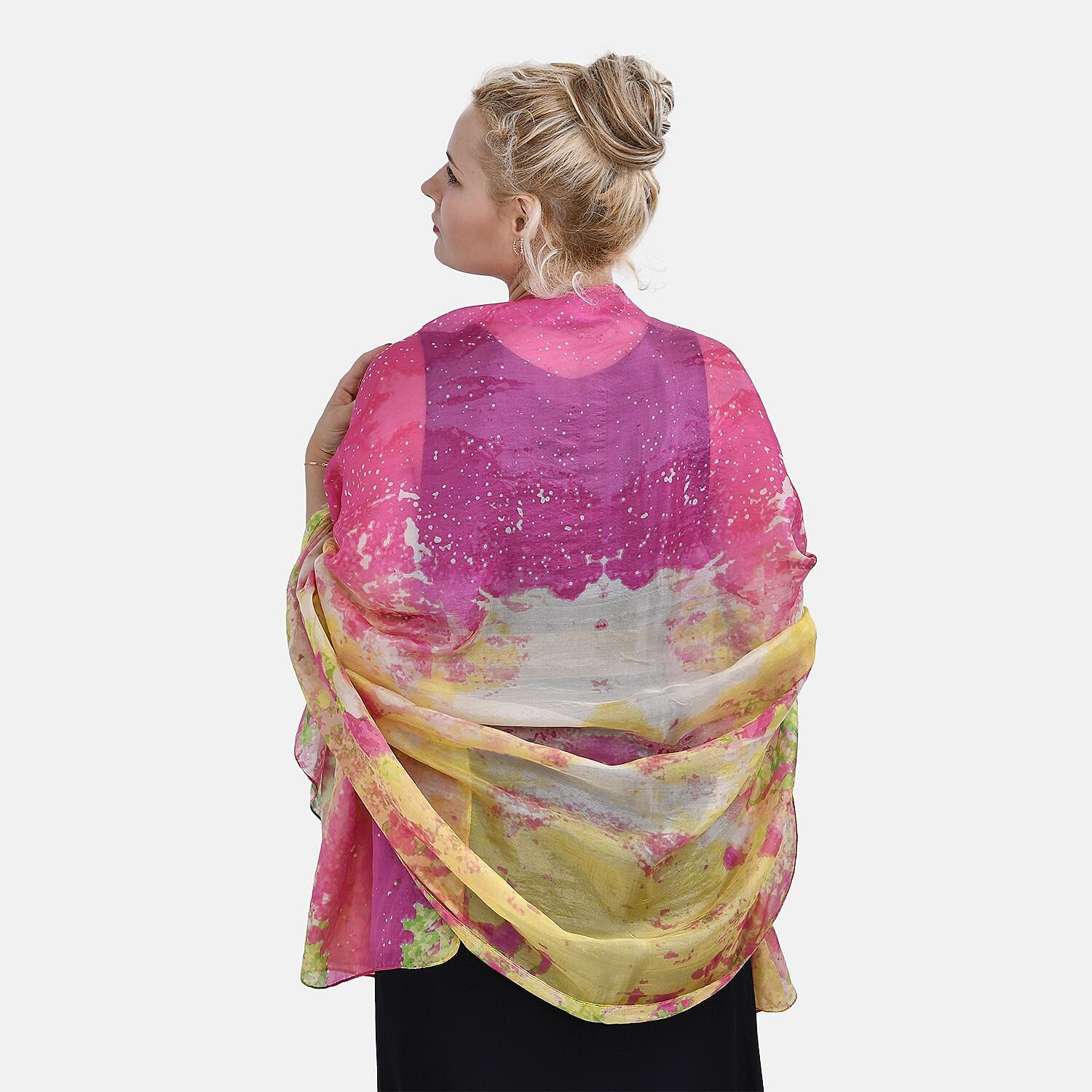 La Marey Mulberry Silk Patterned Scarf (Size 180x1 cm) - Pink & Yellow