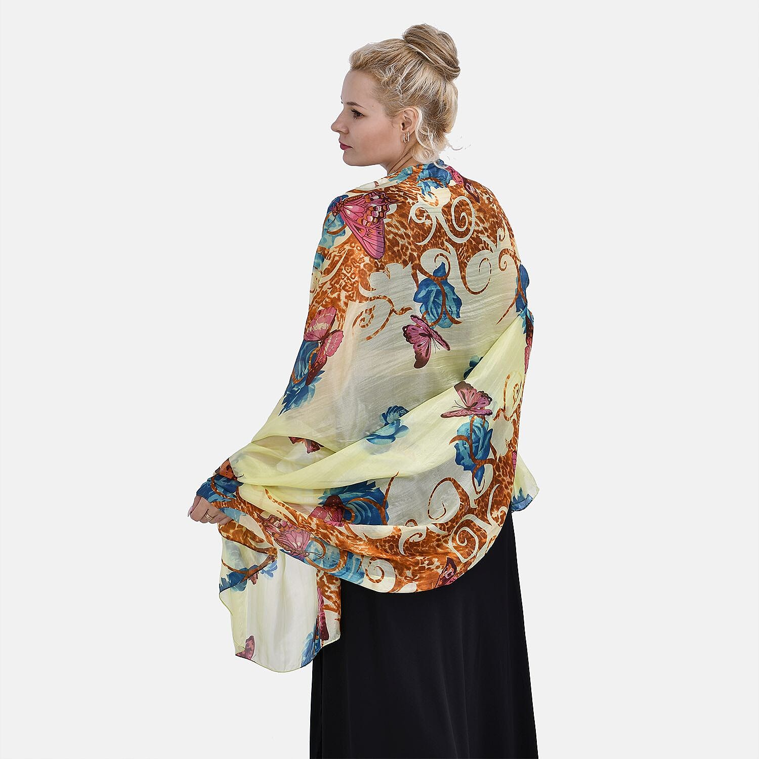 100% Mulberry Silk Patterned Scarf (Size 175x110 cm) - Yellow - Blue