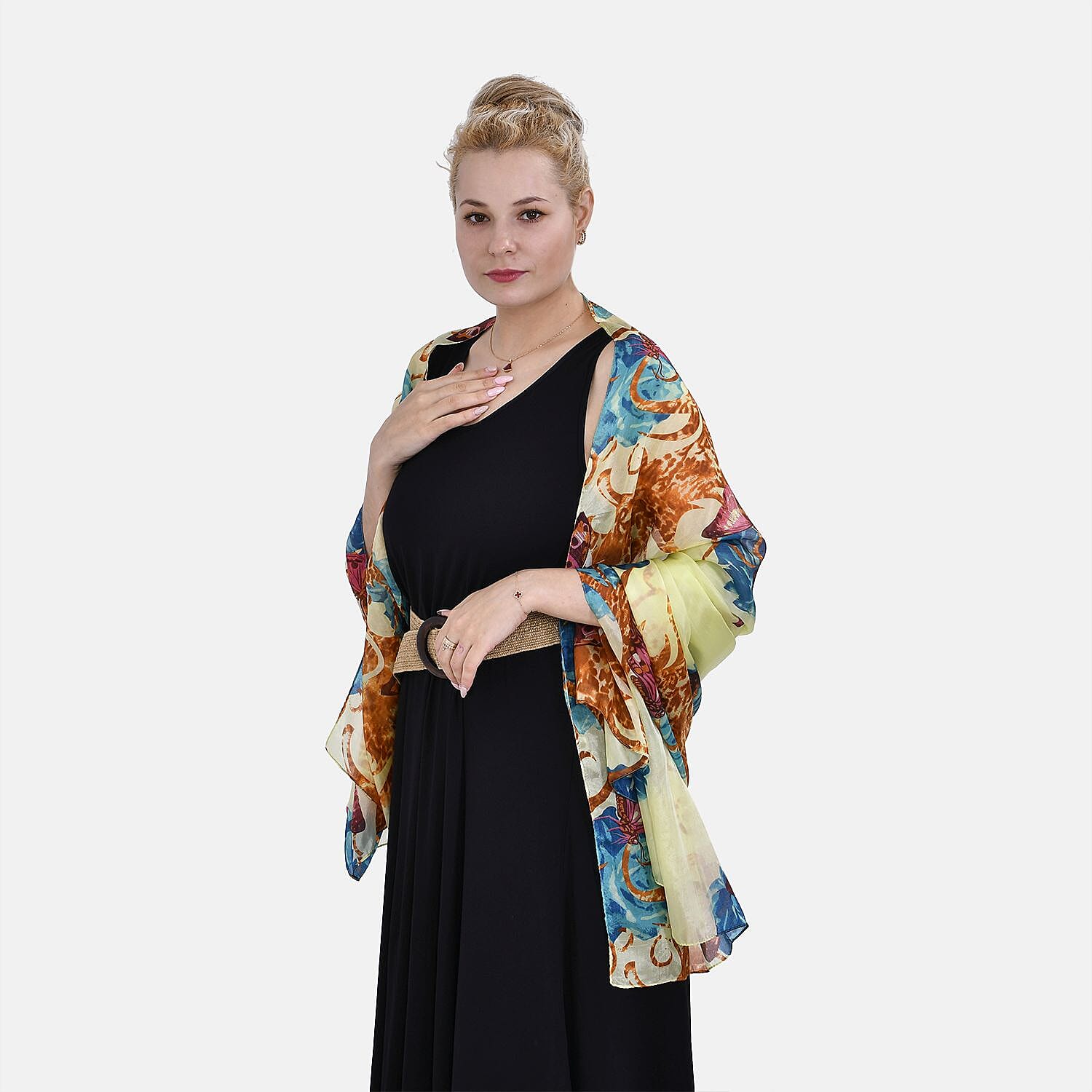 100% Mulberry Silk Patterned Scarf (Size 175x110 cm) - Yellow - Blue