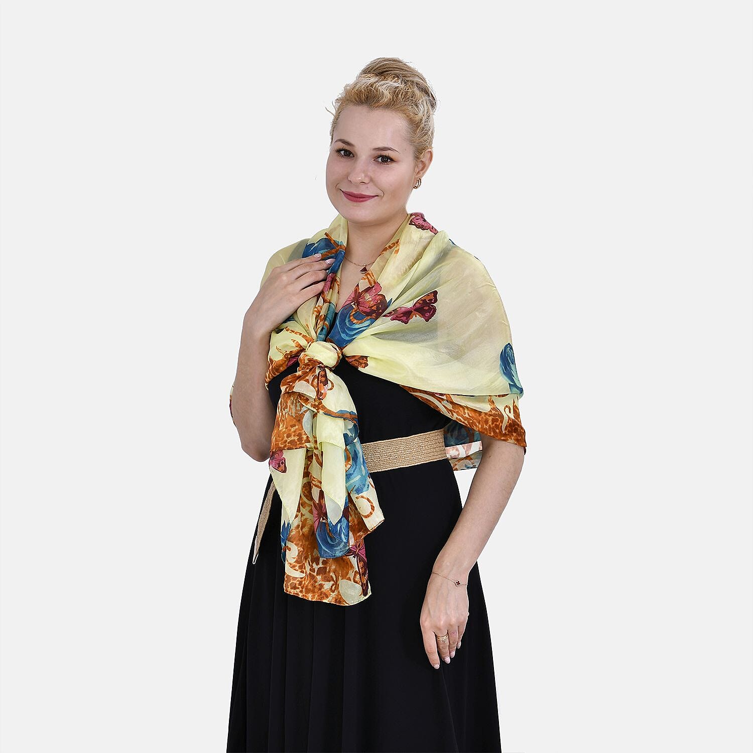 100% Mulberry Silk Patterned Scarf (Size 175x110 cm) - Yellow - Blue