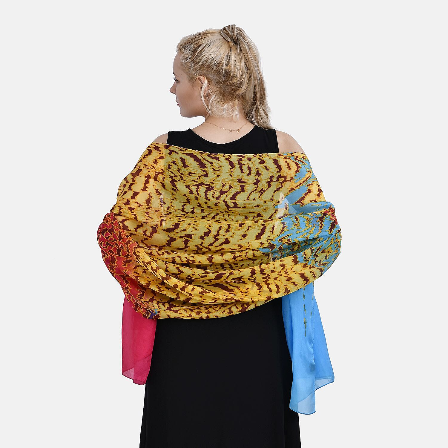 La Marey Mulberry Silk Printed Scarf (Size 180x1 cm) - Blue & Red