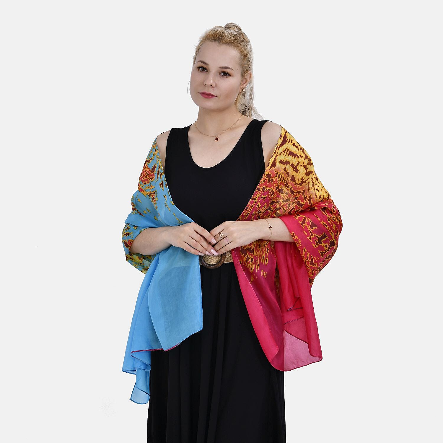 La Marey Mulberry Silk Printed Scarf (Size 180x1 cm) - Blue & Red