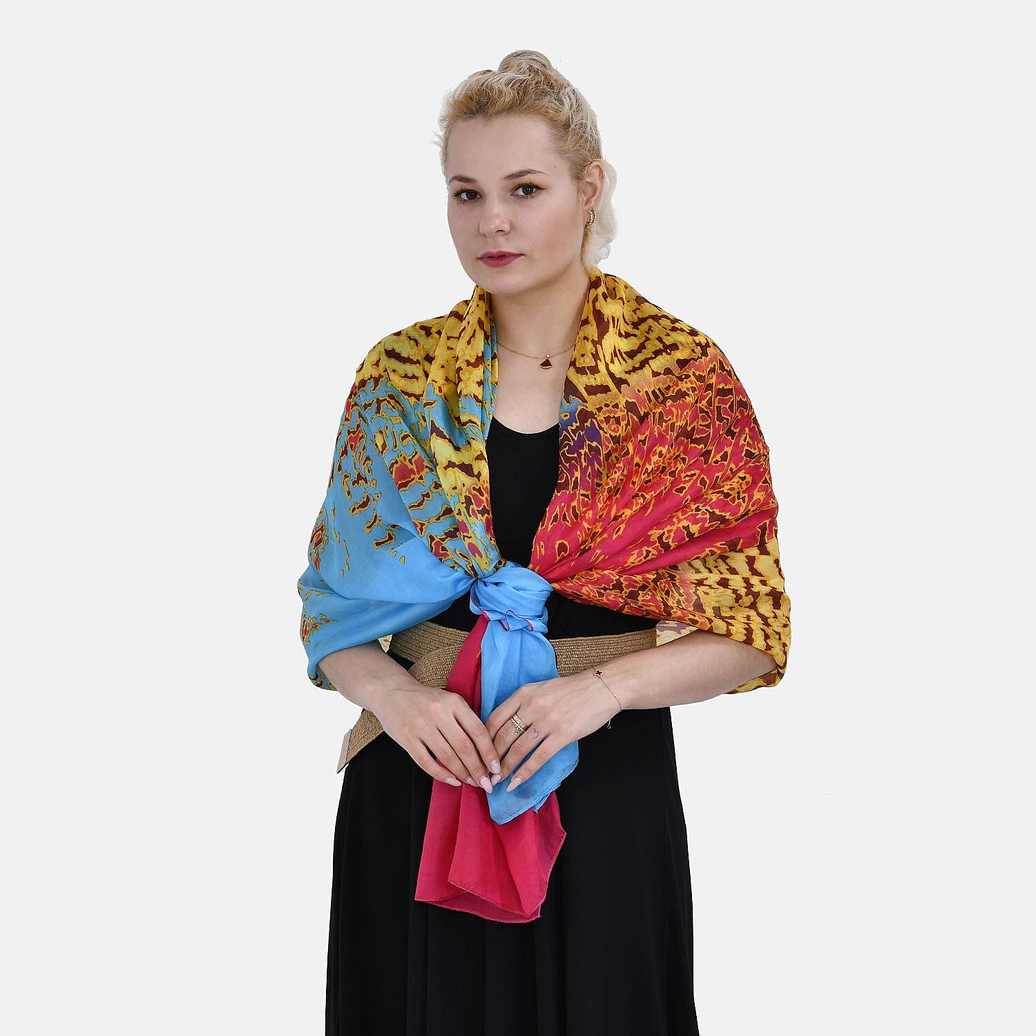 La Marey Mulberry Silk Printed Scarf (Size 180x1 cm) - Blue & Red