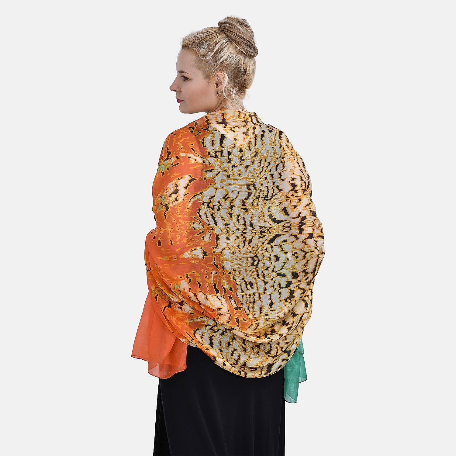 LA MAREY Floral Printed 100% Mulberry Silk Scarf (Size 180x110 cm) - Green - Orange