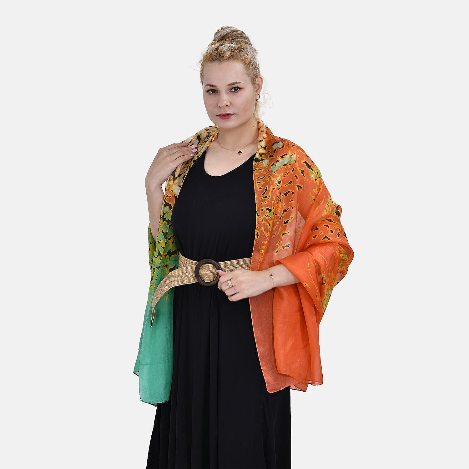 LA MAREY Floral Printed 100% Mulberry Silk Scarf (Size 180x110 cm) - Green - Orange