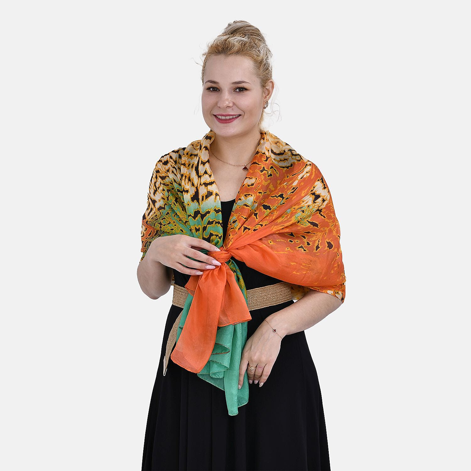 LA MAREY Floral Printed 100% Mulberry Silk Scarf (Size 180x110 cm) - Green - Orange