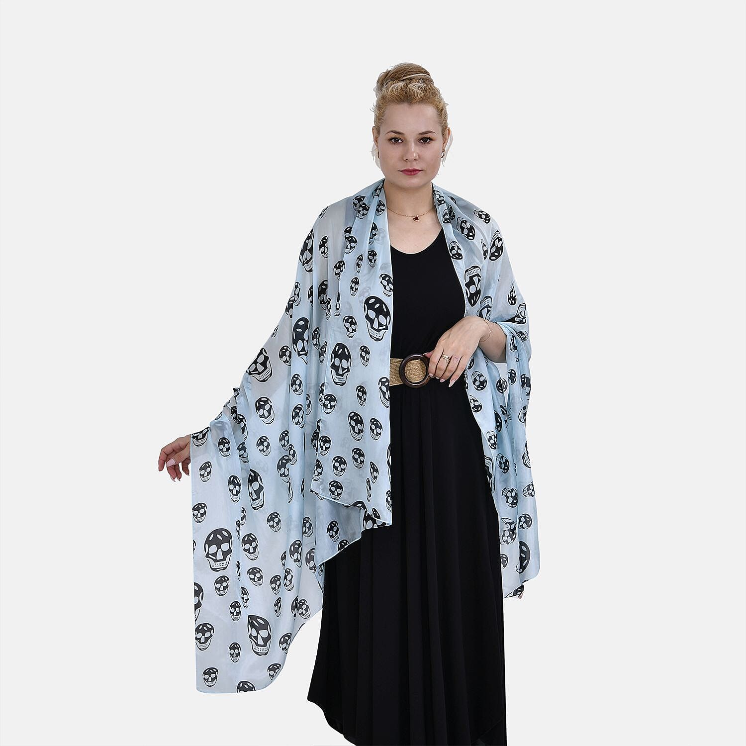 LA MAREY Floral Printed 100% Mulberry Silk Scarf (Size 180x110 cm) - Skull