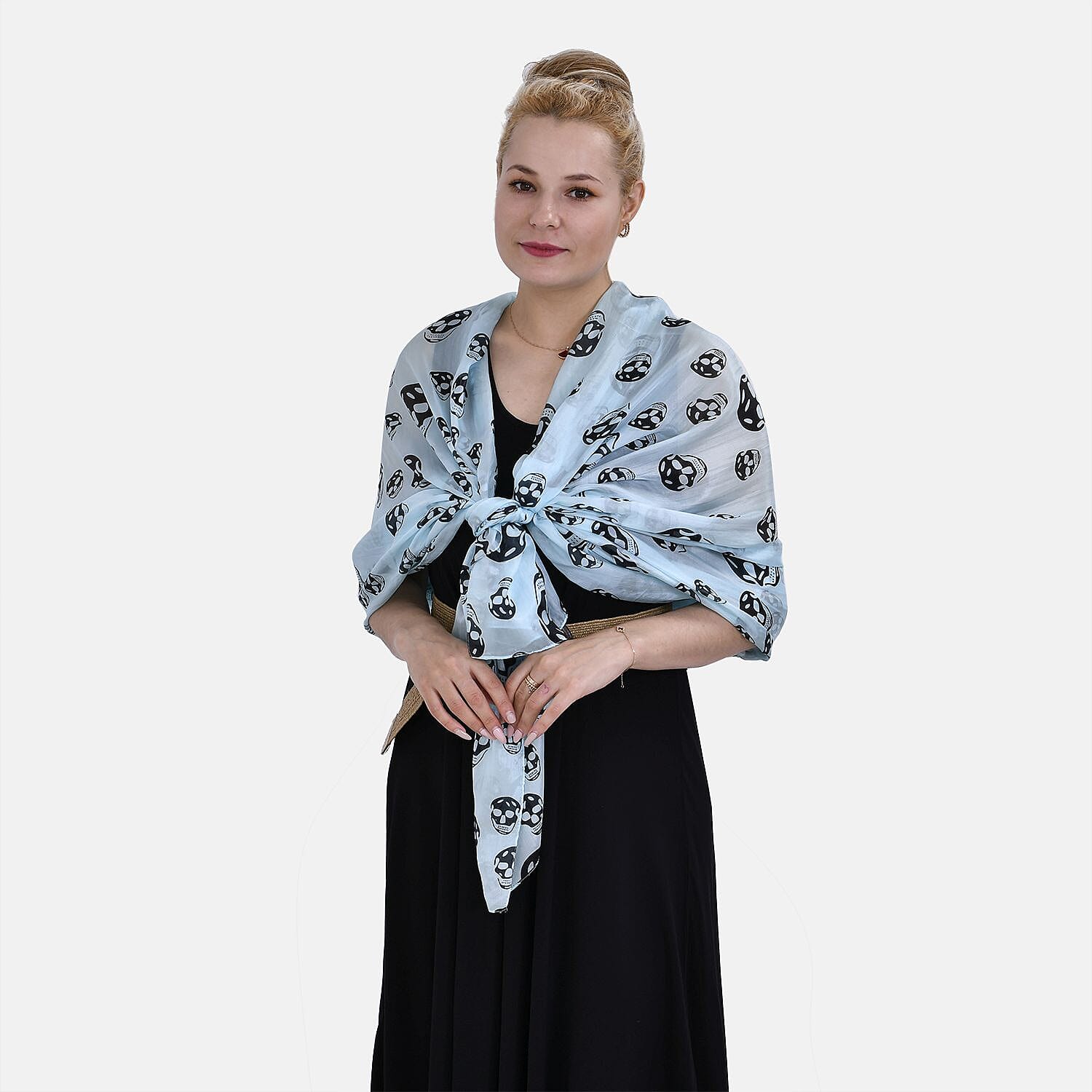 LA MAREY Floral Printed 100% Mulberry Silk Scarf (Size 180x110 cm) - Skull