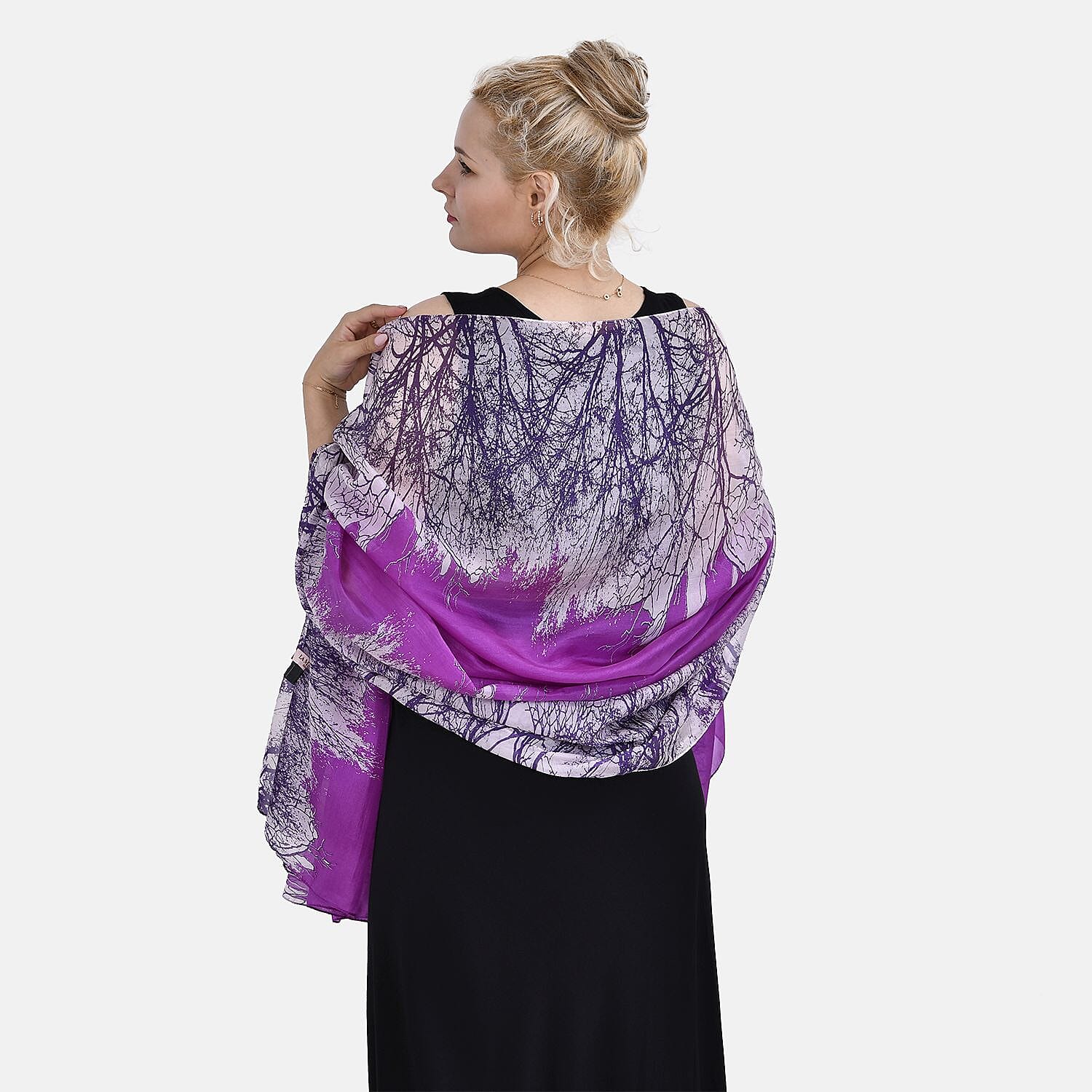 Mulberry Silk Patterned Scarf (Size 180x1 cm) - Purple & White