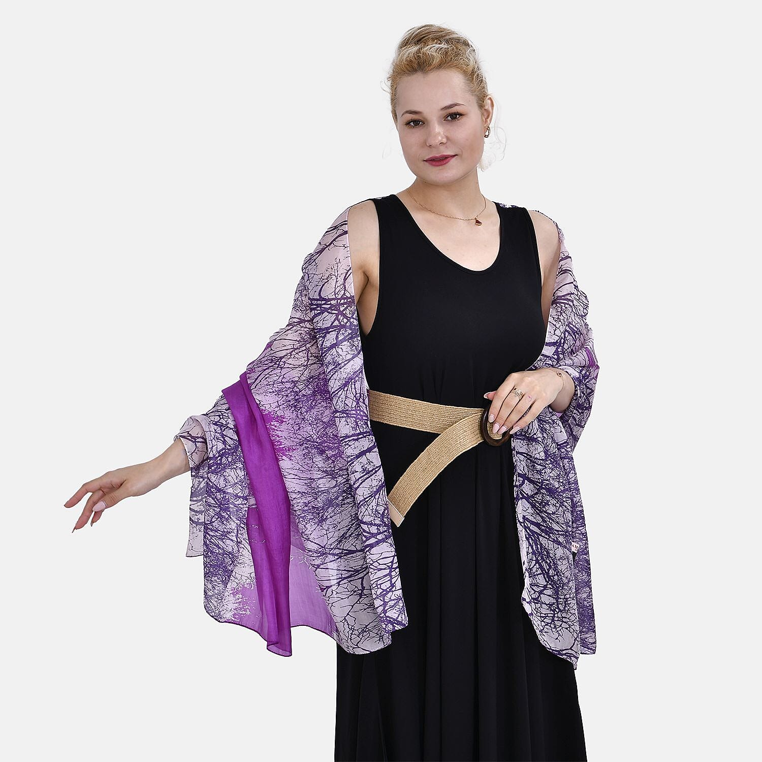 Mulberry Silk Patterned Scarf (Size 180x1 cm) - Purple & White